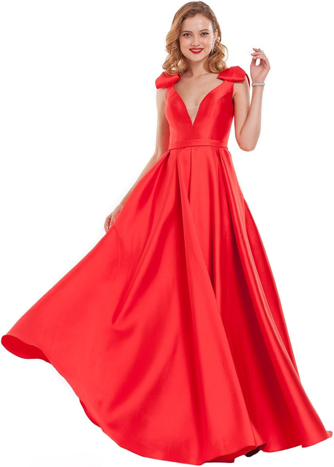 GLAM UNION Long V Neck Satin handmade Prom Evening Party Gowns Dresses Red 16 Clothing