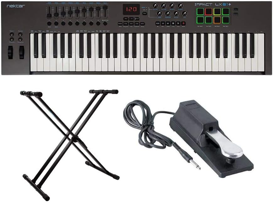 Nektar Impact LX61+ 61-Key USB MIDI Keyboard Controller Bundled with Sustain Pedal and Knox Keyboard Stand (3 Items)