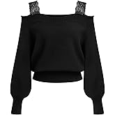 CIDER Off The Shoulder Sweaters for Women Lace Trim Long Sleeve Cropped Sweaters Knitted Pullover Sweater Trendy Fall