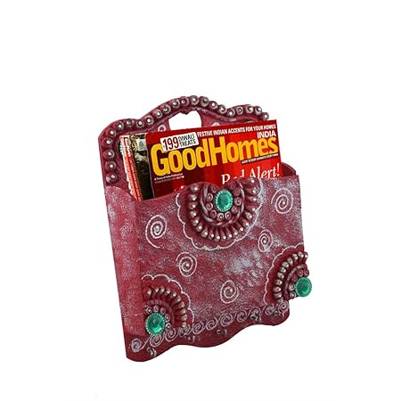 999Store Hand Painted Dark Pink Wooden Wall Hanging Magazine Stand Document Holder Magazine Racks Paper Organizer Storage Box Key Ring Holder