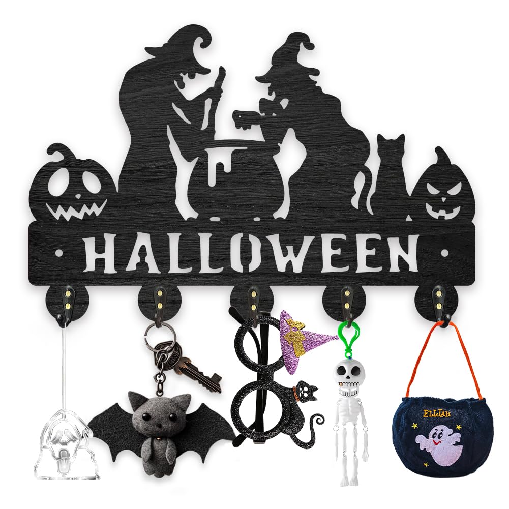 MAYJOYDIY Wooden Halloween Witch Wall Mounted Key Rack, 30x20cm, Festival Diablo Key Rack Organizer Black Key Holder for Wall with 5 Alloy Hooks for Entryway Front Door Hallway Car Key Organizer