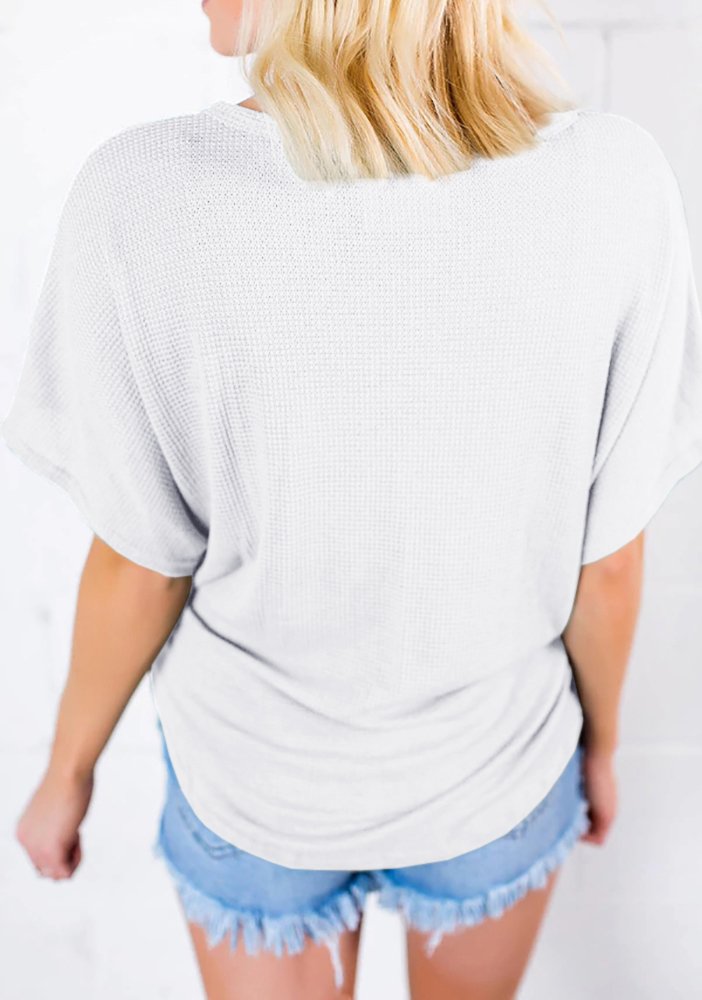 Wudia Women V Neck Short Sleeve Shirts Button Down Casual Front Tie Blouse Tops (Medium, White)