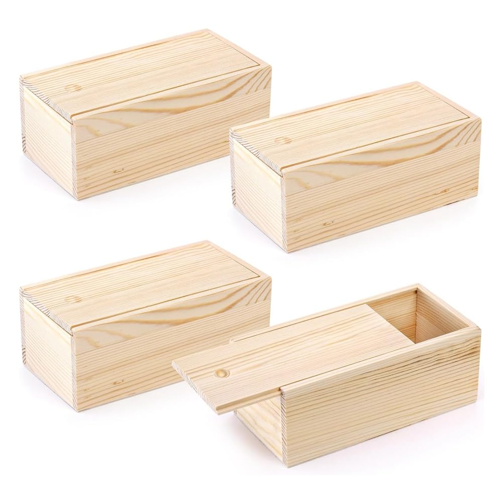Barfeery 4 Pack Unfinished Wood Storage Box with Slide Lid, Vintage Keepsake Case Cards Container Small Gift Box for Art Hobbies, Easy to Use