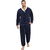 Uikue Mens Pajamas Set Long Sleeve Soft Fleece Fluffy Sleepwear Winter Warm Pjs Lounge Sets Flannel Sleepwear with Pockets