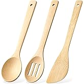 Natural Bamboo Wooden Spoons for Cooking 3PCS Wooden Kitchen Utensils Set Includes Slotted Spoon Woodens Spoon & Woodens Spatula Wood Spatula Set for Non-Stick Pans Stirring Frying Mixing Sauteing