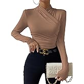 SweatyRocks Women's Ruched Mock Neck Long Sleeve T Shirt Solid Slim Fitted Tee Tops