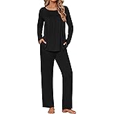 Ekouaer Womens Pajama Sets Fall Long Sleeve Pajamas for Women Trendy Pleated Pjs Sets Comfy 2 Piece Lounge Set with Pockets