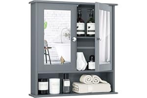 Tangkula Bathroom Medicine Cabinet with Mirror, Wall Mounted Wooden Hanging Organizer with Doors and Shelves, Bathroom Wall Mirror Cabinet (Mirror Doors, Gray)