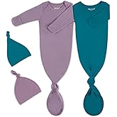 2Pk Newborn Baby Knotted Gown, Super Soft Silky Infant Long Sleeve Sleeper for Baby Sleeping with Hat Blue Green Deep Purple(2 Packs 0-3 Months)