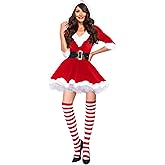 Sipumia Women's 3 PCS Mrs Santa Claus Plush Velvet Hooded Dress Christmas Costume with Belt, Stockings