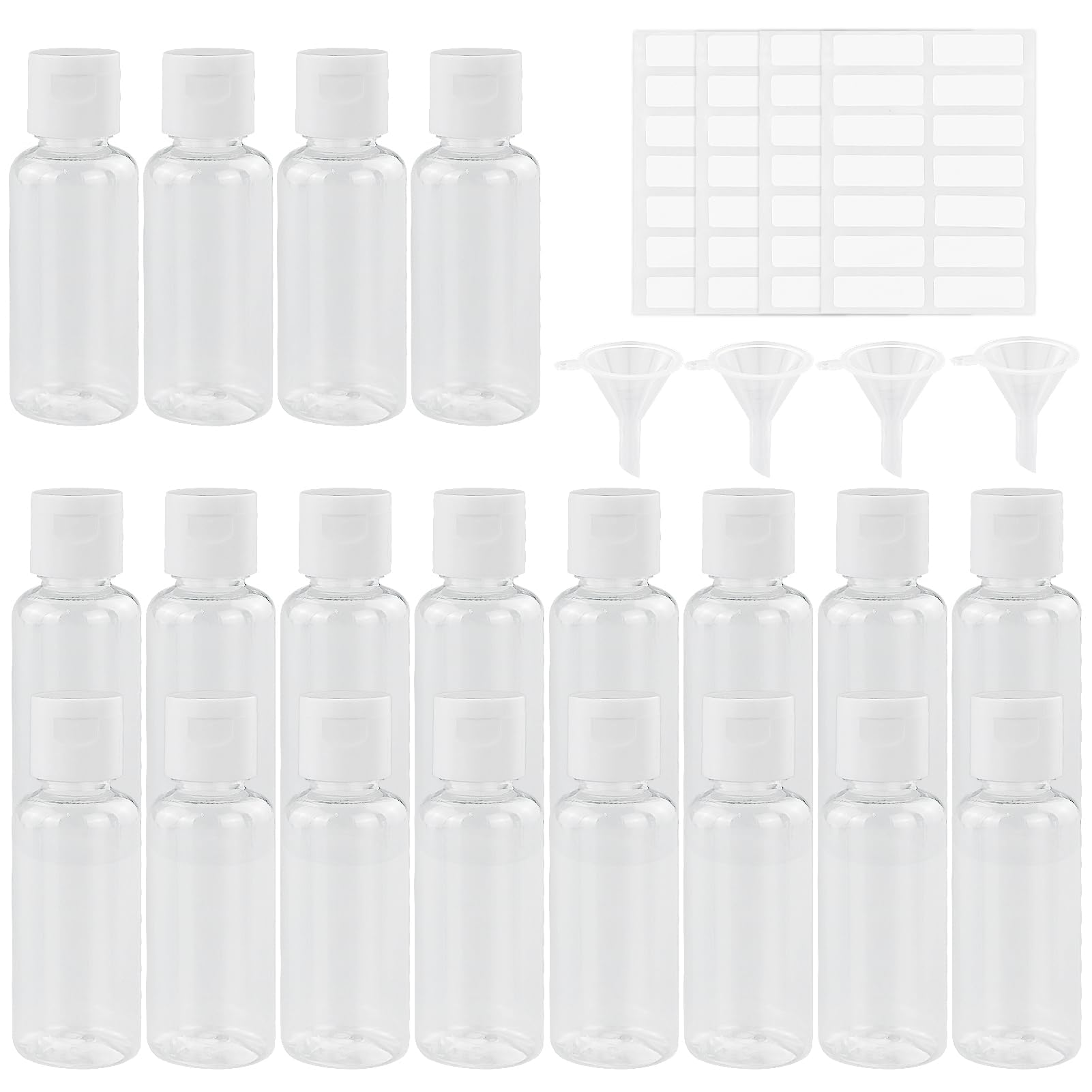 20 Pcs Refillable Clear Flip Cap Bottles,Plastic Empty Transparent Containers,Travel Bottles, Cosmetic Bottles Plastic with 4 Small Funnels and 4 Labels for Packing Toiletries Shampoo Liquid (30 ml)