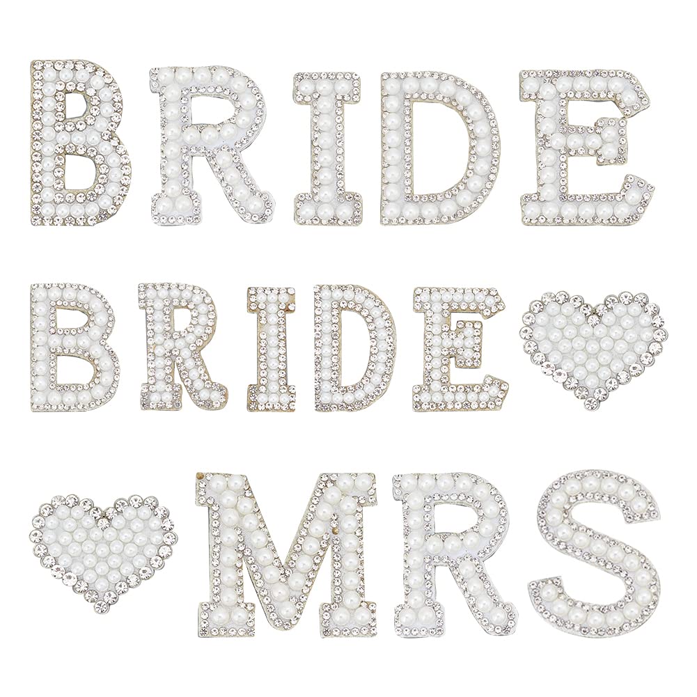 Photo 1 of FINGERINSPIRE Pearl Bride Patch Iron/Sew on Letter & Heart Applique Patch, Bling Rhinestone English Letter Bride MRS Patches Pearl Beaded Glitter Alphabet Applique for Wedding Dress, Cloth Decor