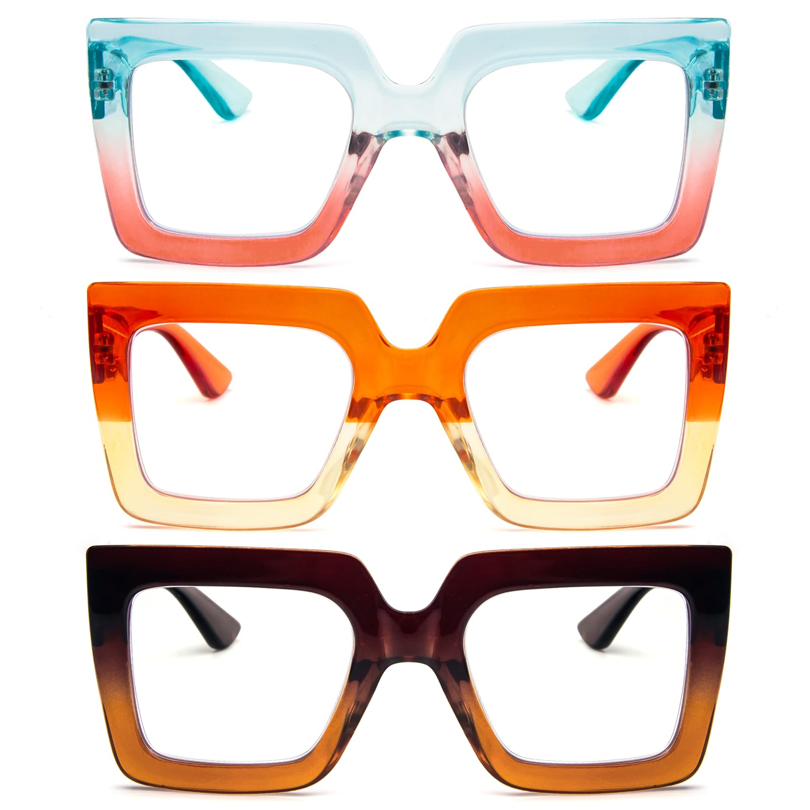 MMOWW Reading Glasses 3 Pack Large Square Frame with Spring Hinges Women Men - Anti Blue Light Computer Reader (3 Packs, 3.5)
