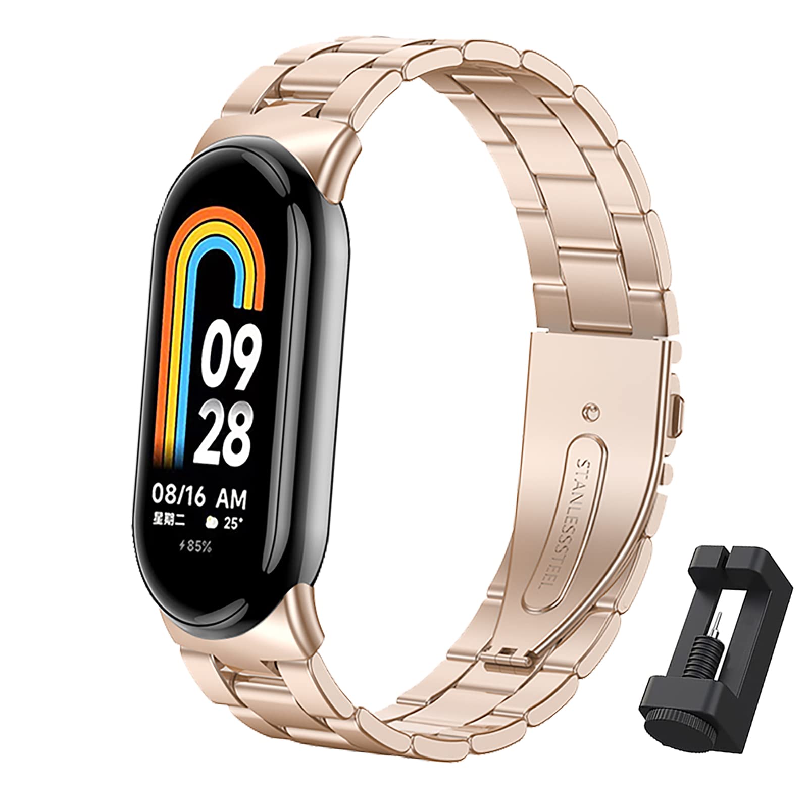 BDIG Strap Compatible for Xiaomi Mi Band 9/8, Stainless Steel Replacement Bracelet with Adjustable Buckle - Rose Gold