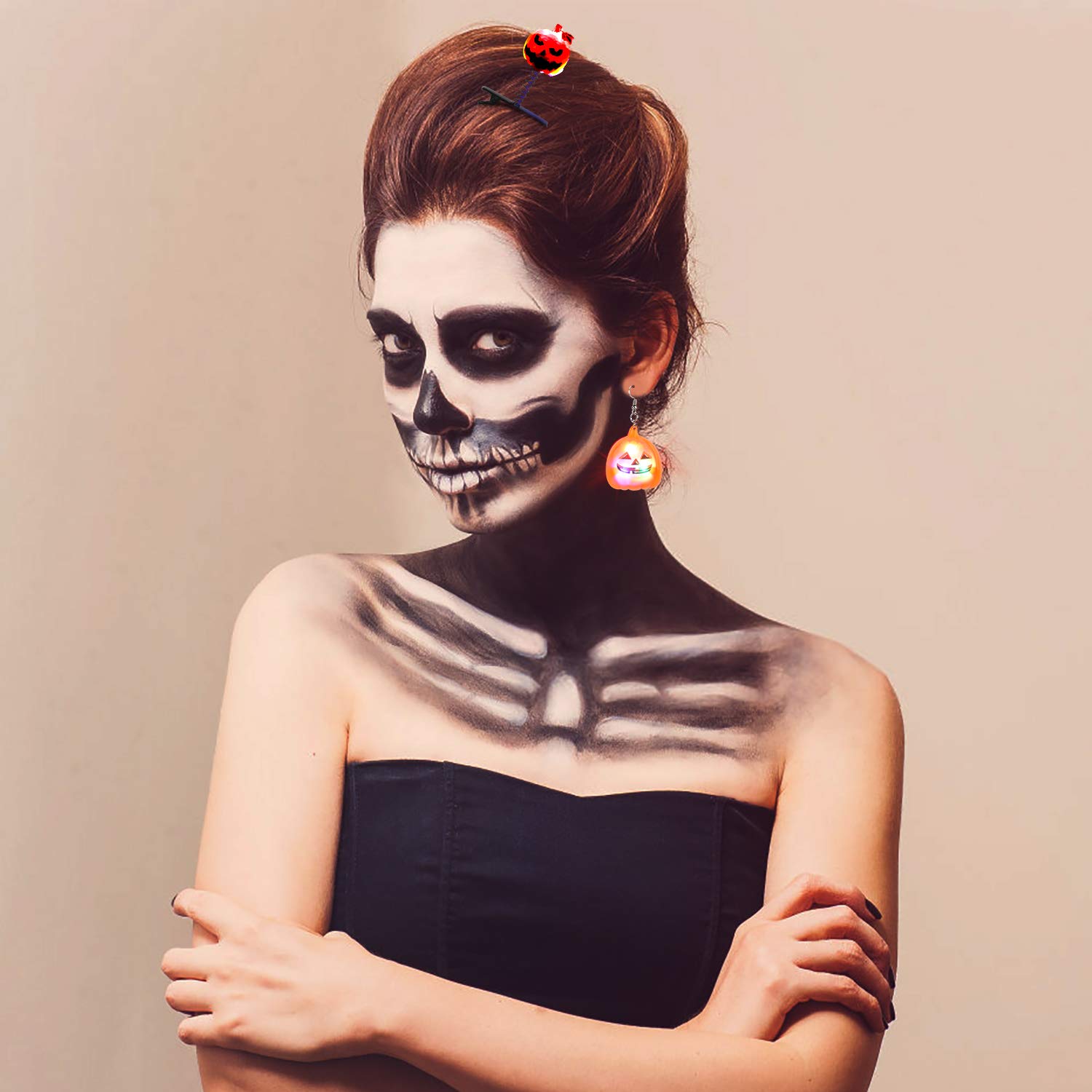 LED Light Up Earrings Hair Clips,Aniwon2 Pairs Glowing Halloween Flashing Skull Pumpkin Ear Drop Pendant With 4pcs Bright Stylish Fashion Hair Barrettes Pumpkin Bat Ghost mummy Hairpins for Halloween