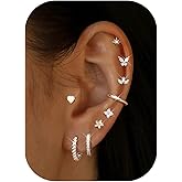 Dochais 14K Gold Plated Surgical Steel Earrings 9 Pairs Flat Back Earrings Small Cartilage Hoop Earring for Women Trendy Hypoallergenic Flatback Stud Stacks for Multiple Piercing Lightweight Jewelry