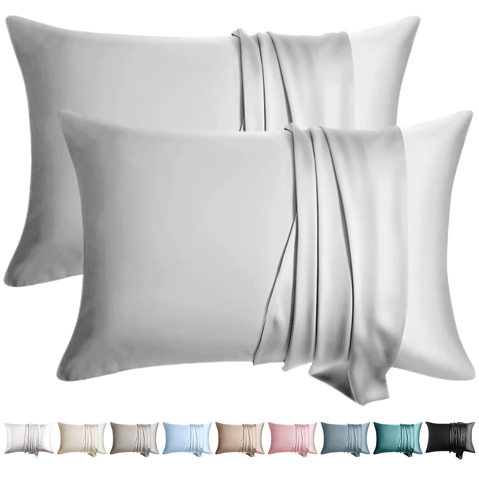 Photo 1 of WLOSJ 100% Silk Pillow Cases 2 Pack King Size Mulberry Silk Pillowcase for Hair and Skin Set of 2 Highest Grade 6A Silk Soft Breathable Cooling with Hidden Zipper, Light Grey