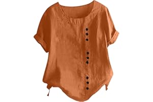 QACKNE Cotton Linen Tops for Women Loose Fit Dandelion Shirts Short Sleeve Casual Blouses Oversized Crew Neck Tees