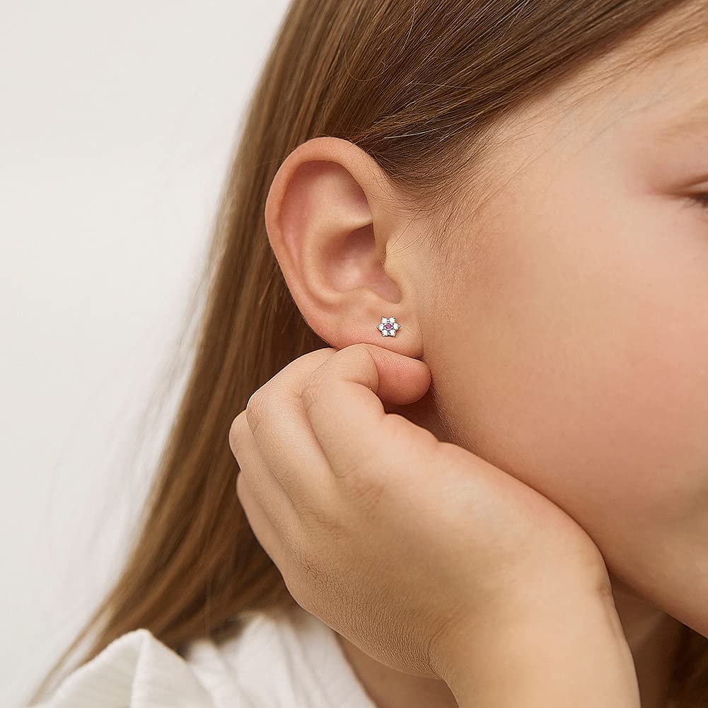 925 Sterling Silver Kids Earrings with 5mm Flower & Screw Backs for Young Girls - Dainty CZ Flower Screw Backs for Toddlers and Little Girls - Cubic Zirconia Floral Studs for Children