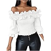 Floerns Women's Ruffle Trim Off Shoulder Flounce Sleeve Shirred Blouse Top