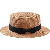 JAZTAKU Classic Straw Boater Hat, Skimmer Hat, Flat top Boater hat, Casual Party Church Hat for Men Women