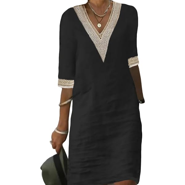 YUHEYUHE Women's Casual Loose V-Neck Cotton Linen Dress – Half Sleeve, Retro Style, Side Pockets, One Size Fits 6-14 - View #2