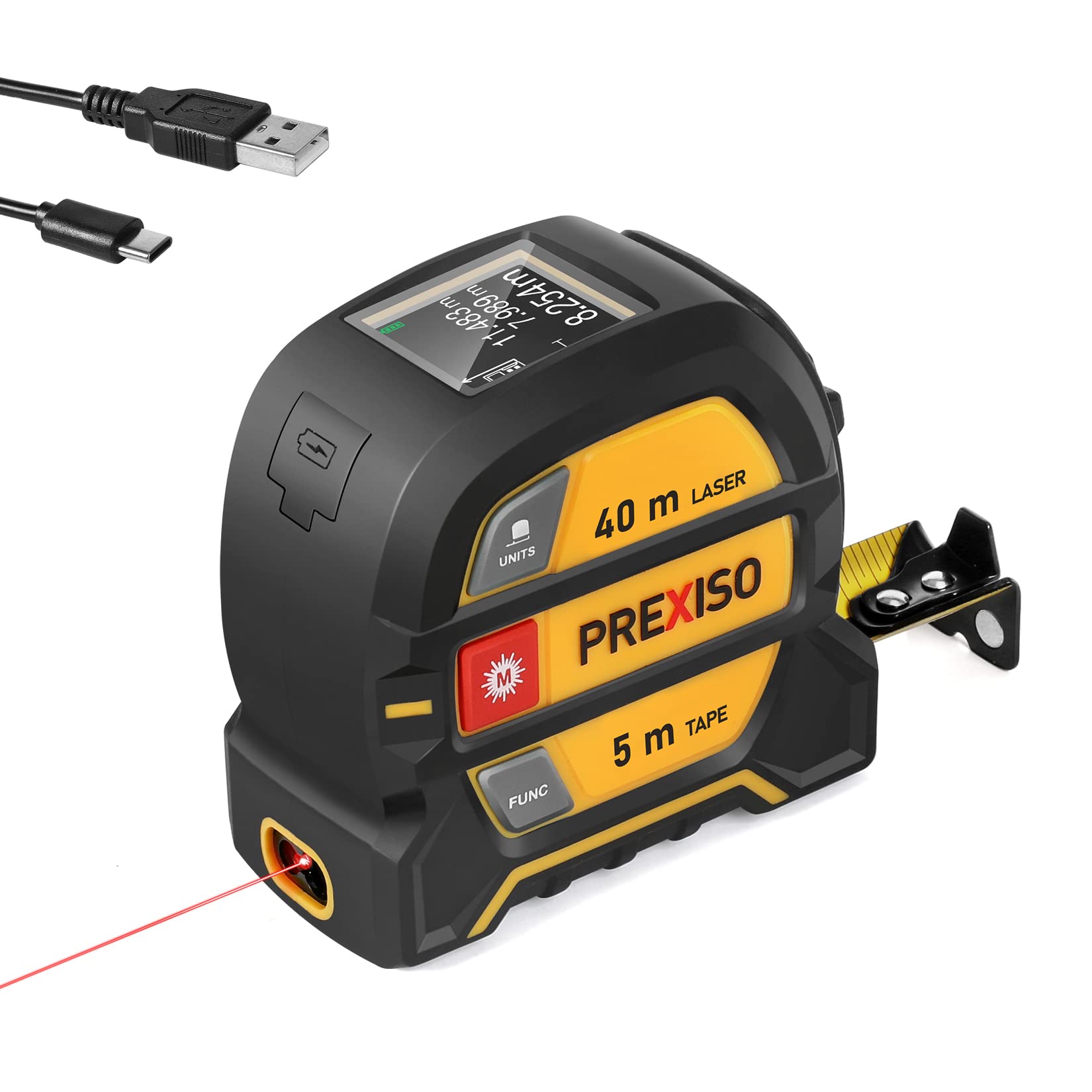 PREXISO Laser Rangefinder, 40 m, Digital Laser Tape Measure with LCD Backlight, M/In/Ft, Rechargeable Laser Meter & 5 m Tape Measure, Pythagoras/Distance/Area/Volume Measurement