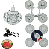 Wamikigl Solar Foldable 4 Fan Light with Hook, USB/Solar Charging for Outdoor Cooling & Lighting, camping ceiling fan,lámparas recargables para cuba, battery operated ceiling fan tent essentials