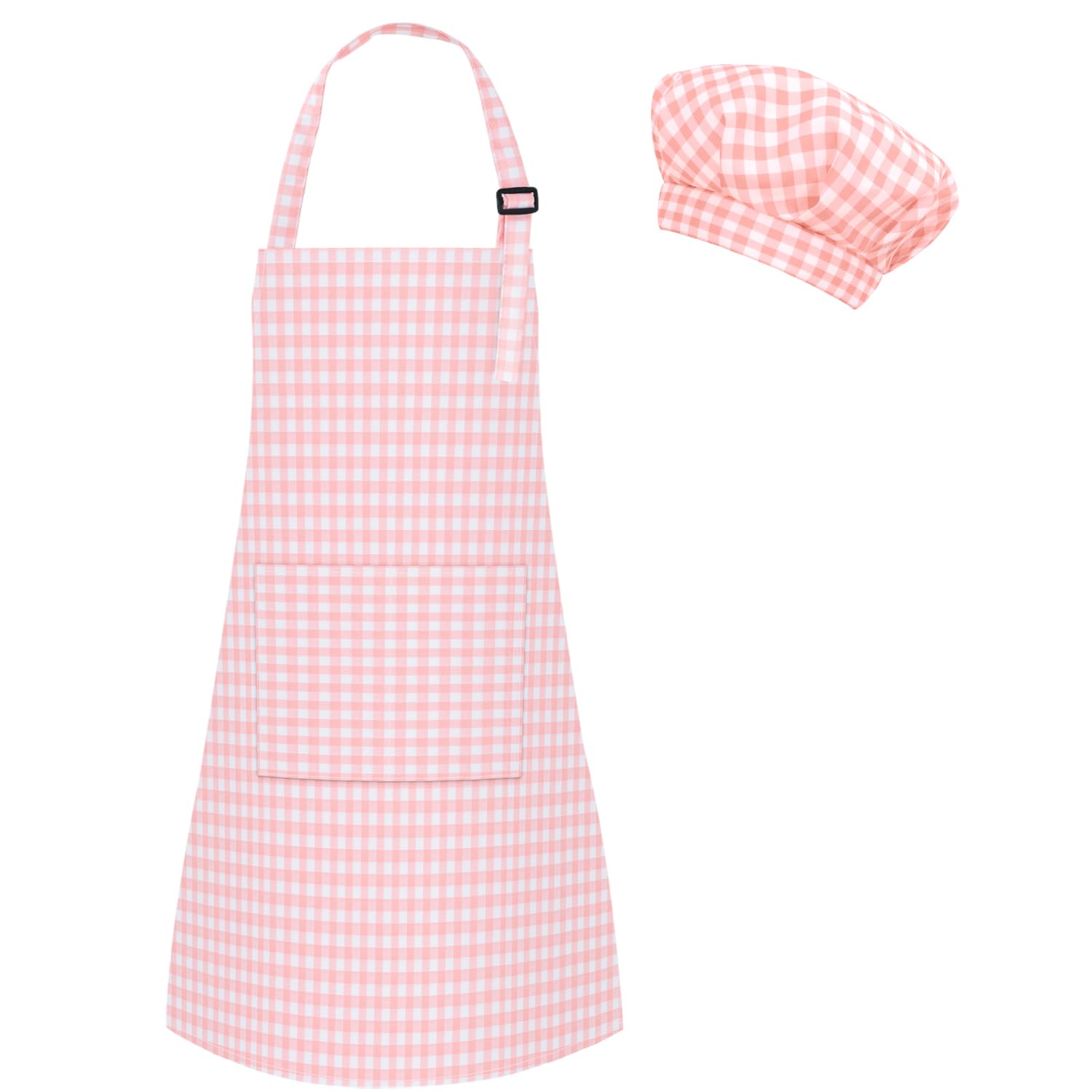 TOPWAYS Grid Kids Apron and Chef Hat Set, Adjustable Check Child Chef Aprons with 2 Pockets, Lattice Print Children's Apron for Kids Toddler Painting Baking Cooking Artist (Grid Pink, L（7-13Years）)