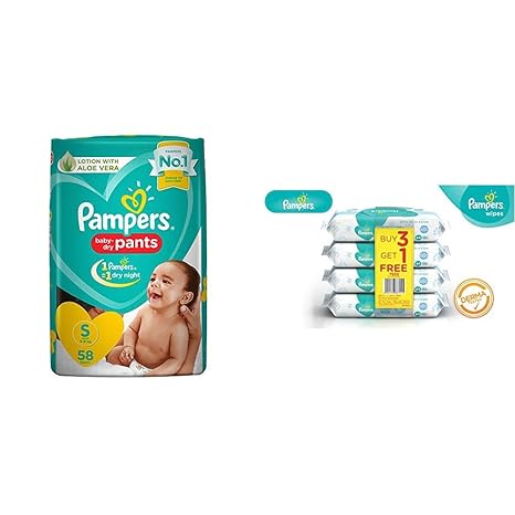 Pampers New Diapers Pants, Small (58 Count) & Pampers Fresh Clean Baby Wipes - 64 Wipes/Pack (Buy 3 Packs Get 1)