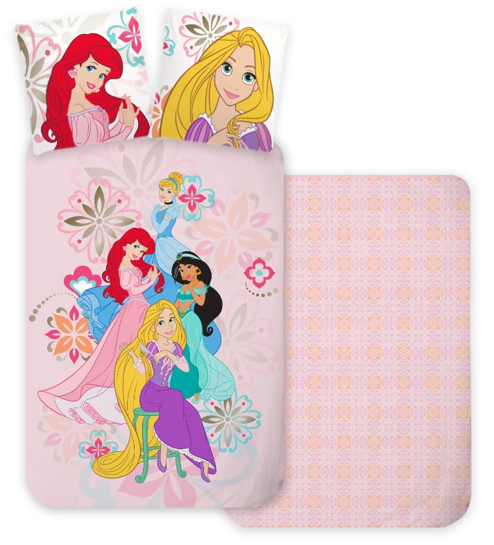 Disney Princess Bedding Set, Reversible Duvet Cover 140 x 200 cm + Pillowcase, 100% Cotton, with Ariel, Jasmine, Rapunzel and Cinderella