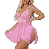 Crexomi Women Sexy Side Slits Lace-trimmed Lingerie Babydoll Dress Chemise Sleepwear Mesh Sheer Nightgown with Thong