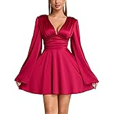 Parthea Women's Sexy Deep V Neck Long Sleeve Mini Satin Silk Dress Elegant Flowy Wedding Guest Party Short Dresses