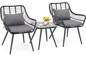 Verano Garden 3 Piece Patio Bistro Set, Outdoor Wicker Conversation Chair Sets,Small Patio Set with Cushion,Balcony Furniture with Coffee Table for Poolside