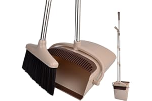 Broom and Dustpan Set Soft Household Sweeper Brush Long Handled for Family Rooms and Offices (Khaki)