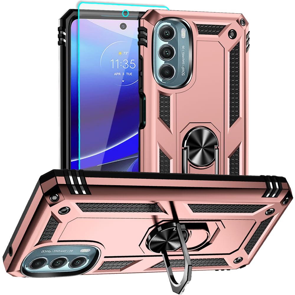 for Moto G Stylus 5G 2022 Case, Motorola G Stylus 5G 2022 Case with HD Screen Protector, [Military Grade 16ft. Drop Tested] Ring Protective Phone Case for Moto G Stylus 5G 2022,Rose Gold