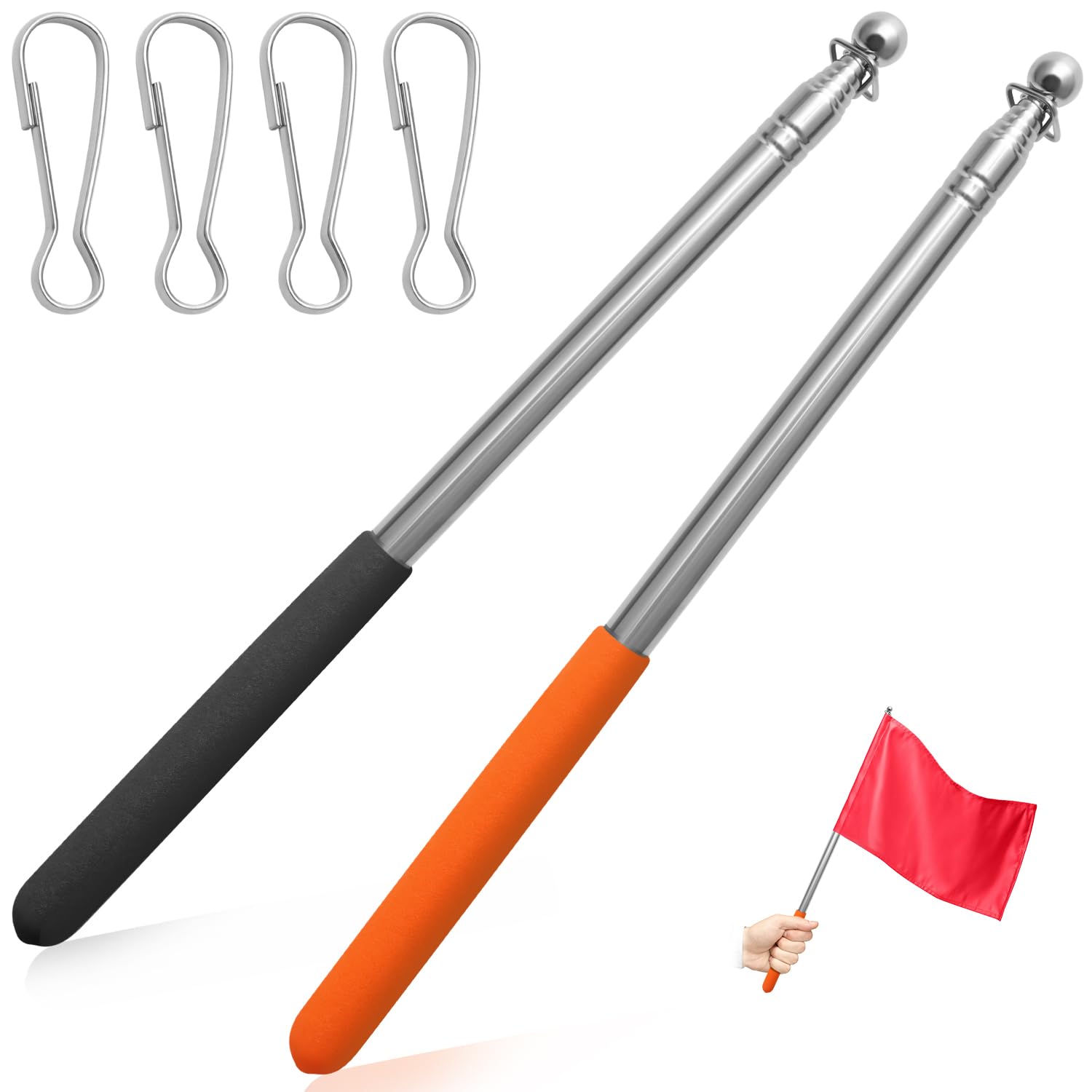 Juyibaao 2 Pcs Extendable Handheld Flag Pole (1.6m/5.25ft), Telescopic Flag Pole Stainless Steels with Flag Clips, Portable Handheld Flag Pole for Festival Camping Tour