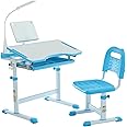 Diroan Kids Functional Desk and Chair Set, Ergonomic Height Adjustable Children School Study Desk with Tilt Desktop, Book Stand, LED Light, Metal Hook and Storage Drawer for Boys Girls(Blue)