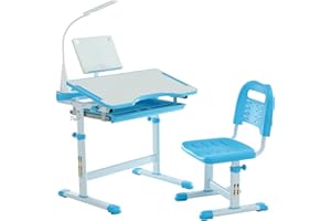 Diroan Kids Functional Desk and Chair Set, Ergonomic Height Adjustable Children School Study Desk with Tilt Desktop, Book Stand, LED Light, Metal Hook and Storage Drawer for Boys Girls(Blue)