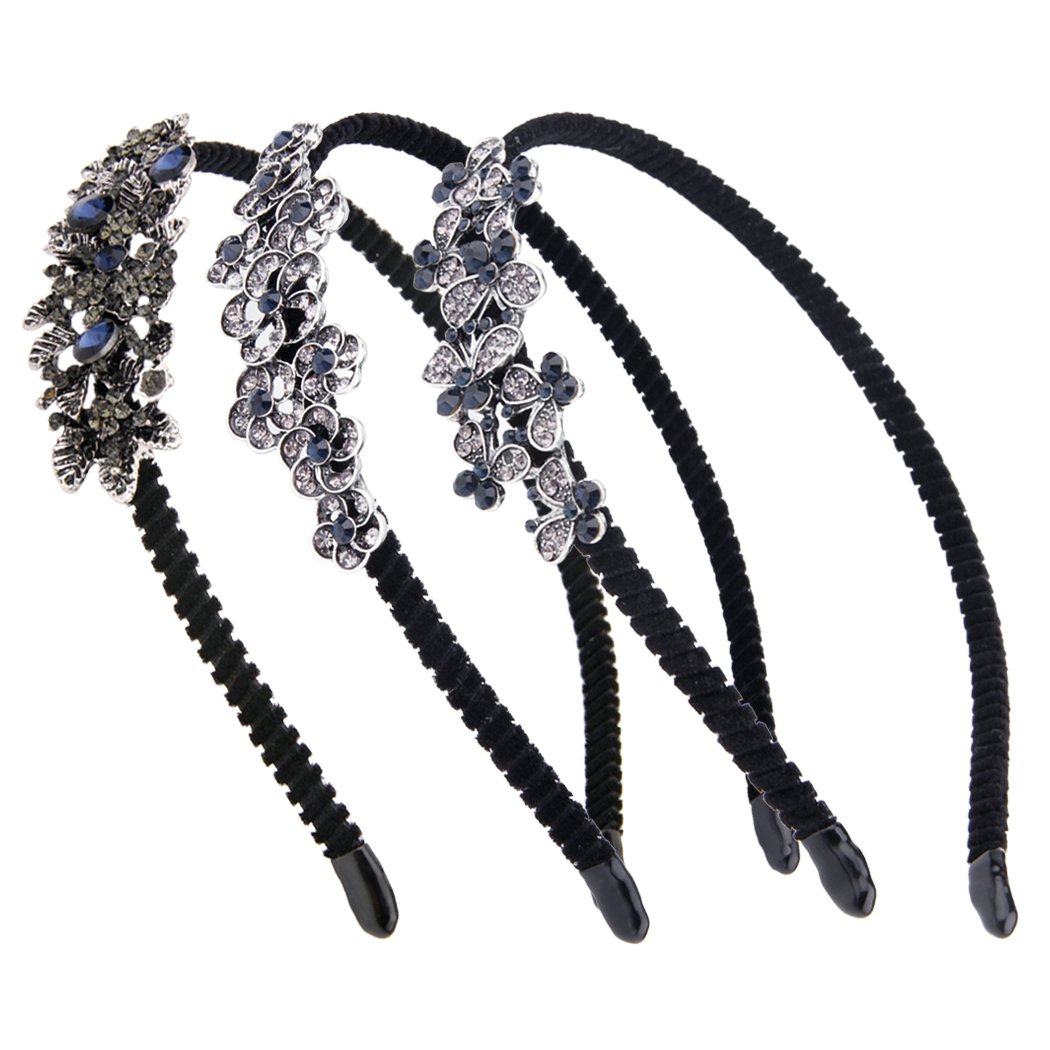 TianQin WY Women Ladies Girls 3Pcs Fabric Covered Alice Bands hair band Headbands Dark Blue Vintage Crystal Headband Flower Butterfly Leaves Designed Hair Clips
