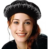 LADYBRO Rhinestone Beret Hats for Women 2 Layers Wool French Knit Cap Lady Winter Black