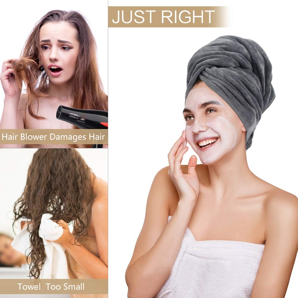 SUNLAND Microfiber Hair Drying Towel 2 Pack Super Absorbent Quick Dry Magic Hair Turban for Drying Long Hair Soft and Large 20 inch X 40 inch Grey: Home & Kitchen