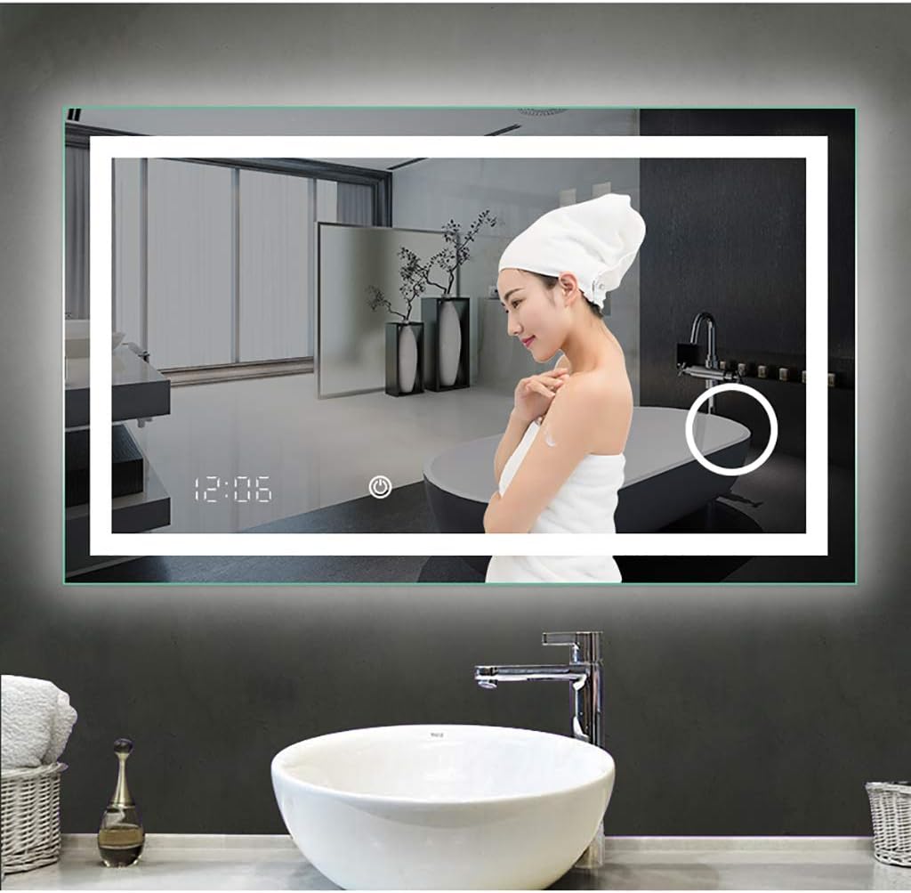 Bathroom mirror Oceanindw Smart Wall-Mounted LED Rectangle Finger Touch Light Mirror Built-in Circular Magnifier with Anti-Fog and Time Temperature Display