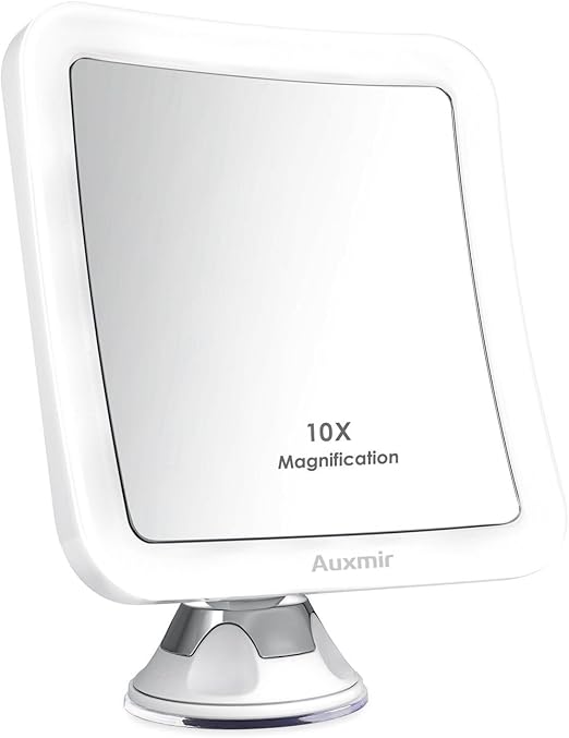 Amazon Com Auxmir 10x Magnifying Led Lighted Makeup Mirror With Suction Base 360 Swivel Cordless Cosmetic Vanity Mirror For Home And Travel Battery Included Square 5 12 Beauty