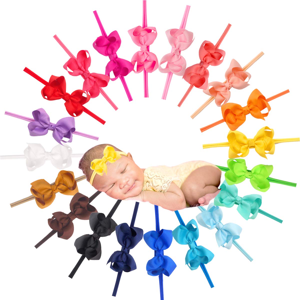 20 Colors Baby Headbands Small 3" Hair Bows Super Soft Slim Headbands for Baby Girls,Infant and Newborn