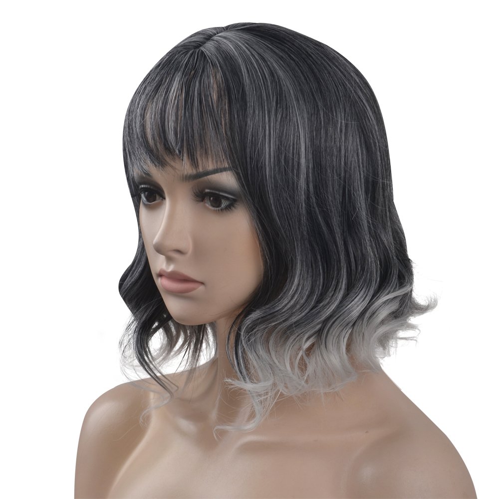 eNilecor Short Curly Women Synthetic Wigs with Bangs (Black/Grey)