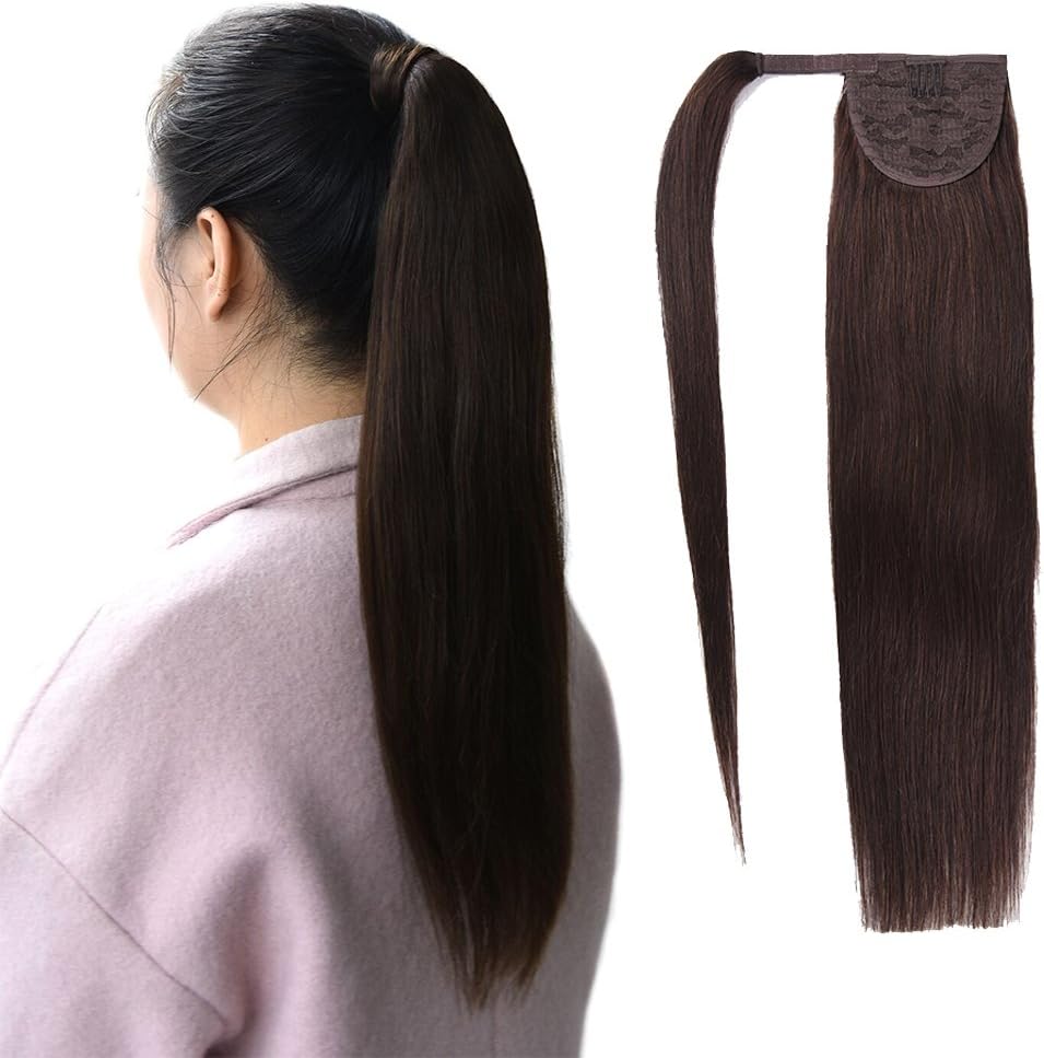 Ponytail Extension Hair Clip in 18 inches 85g Dark Brown #2 Color Straight Drawstring Wrap Remy Ponytail Hair Extensions Human Hair Piece for Women (18"-85g, Dark Brown #2)