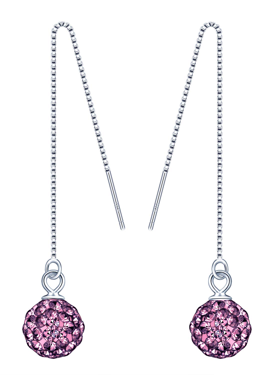 Woman's Girl's Sterling silver Earrings, 925 silver Thread, Ear Wire for girl, Color shiny crystal ball Dangle & Drop, gift for Birthday, Valentine's Day and Christmas