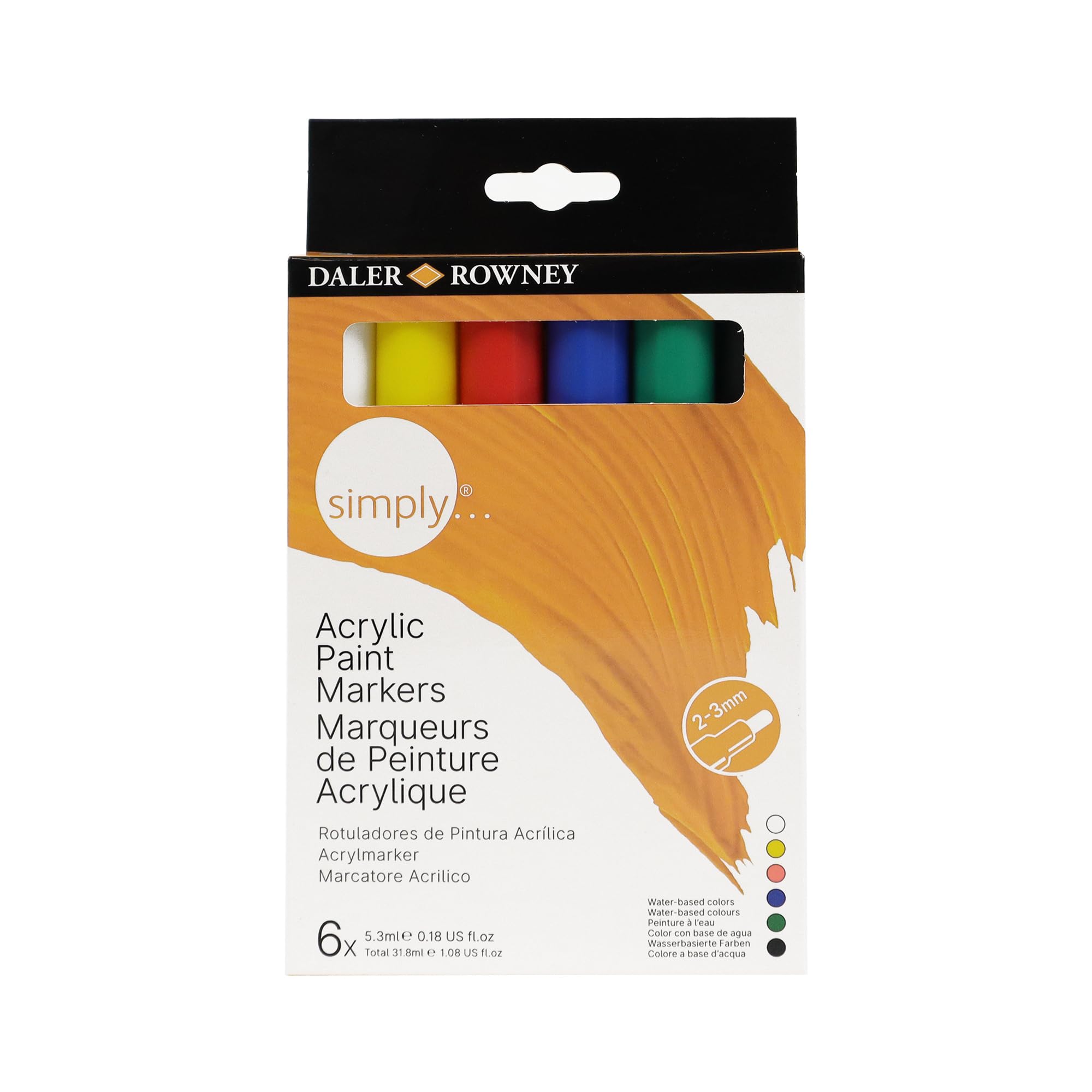 Daler-Rowney Simply Acrylic Marker Pen Set, 6 x Assorted Colours, Multi-Surface, Water-Based, 2-3mm Tip, For Entry-Level Artists & Hobbyists