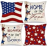 MODOVOS 4th of July Pillow Covers 18x18 Set of 4 America Flag Stars Independence Day Decorations Home of The Free Memorial Da
